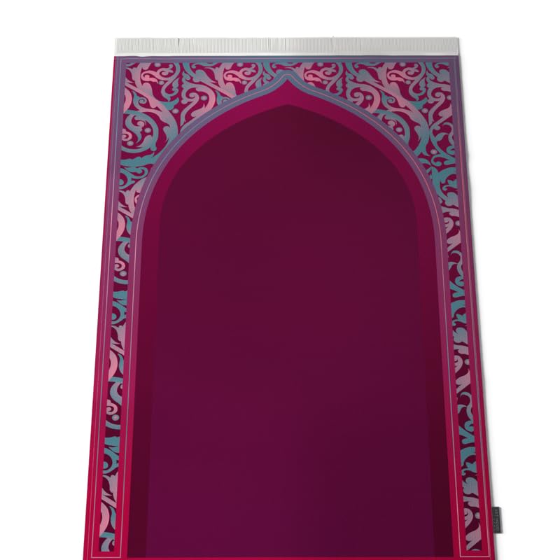Al-Hedaya Velvet Prayer Mat, a Luxurious Islamic Rug in Fuchsia & Turquoise from Soft Velvet, 68x117 cm, for Comfortable Prayer, a Vibrant Salah Mat for Home, Mosque, or Travel