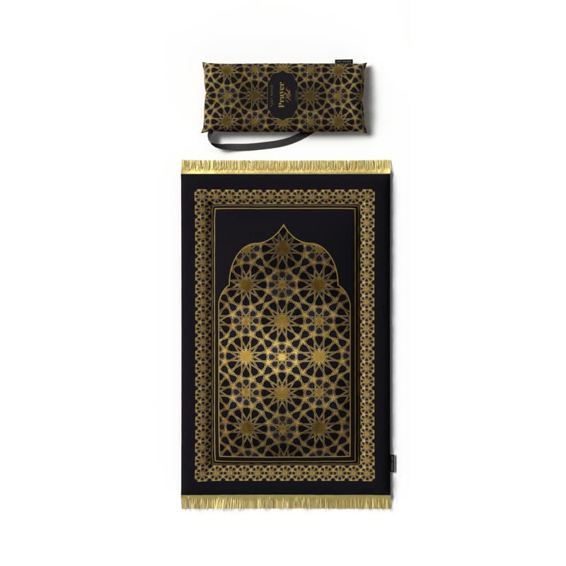 Padded Prayer Rug for Kids in attractive Gold and Black velvet, 57x95 cm, a soft mat that provides cushioning and comfort, making it an ideal first prayer rug for any child