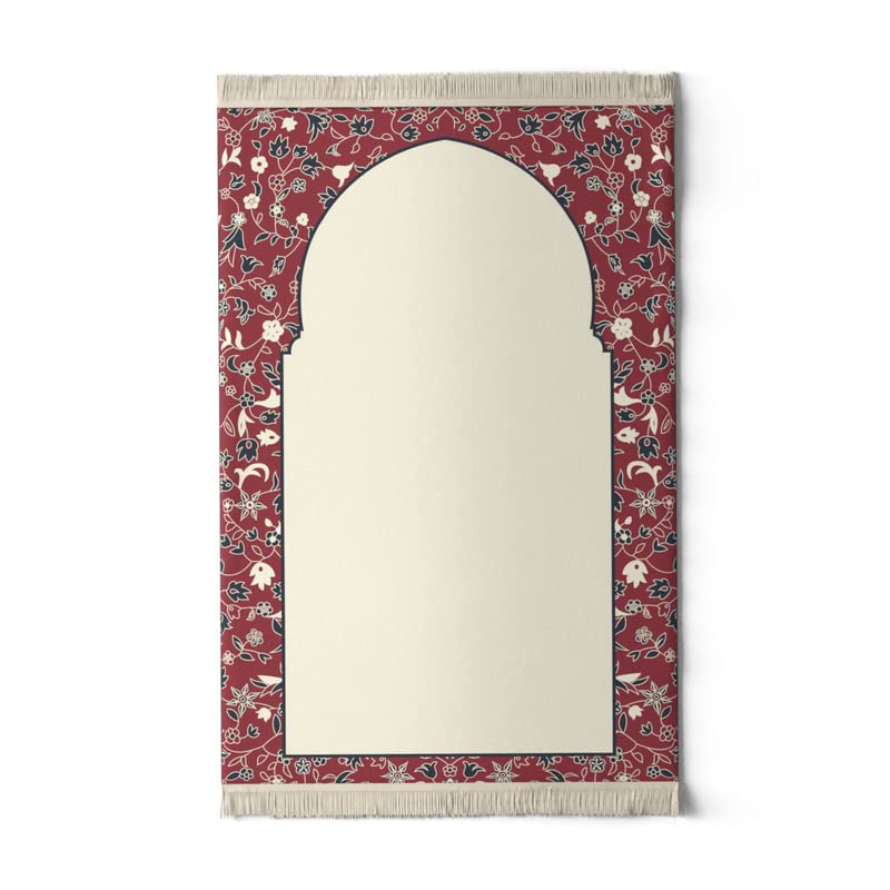 Velvet Prayer Mat in Beige and Red, 68x117 cm, a luxurious Islamic rug with elegant details and a mosque garden design, crafted from soft velvet for comfortable prayers
