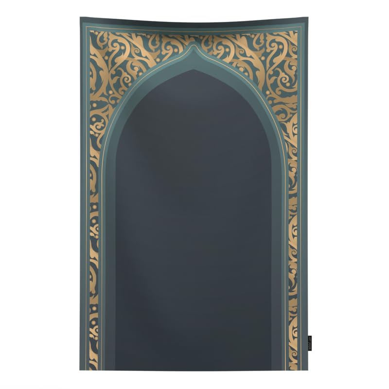 Waterproof Prayer Mat in Teal and Gold, 68x117 cm, a durable and beautiful rug with a rich design, perfect for travel and outdoor use, offering a clean and reliable prayer space