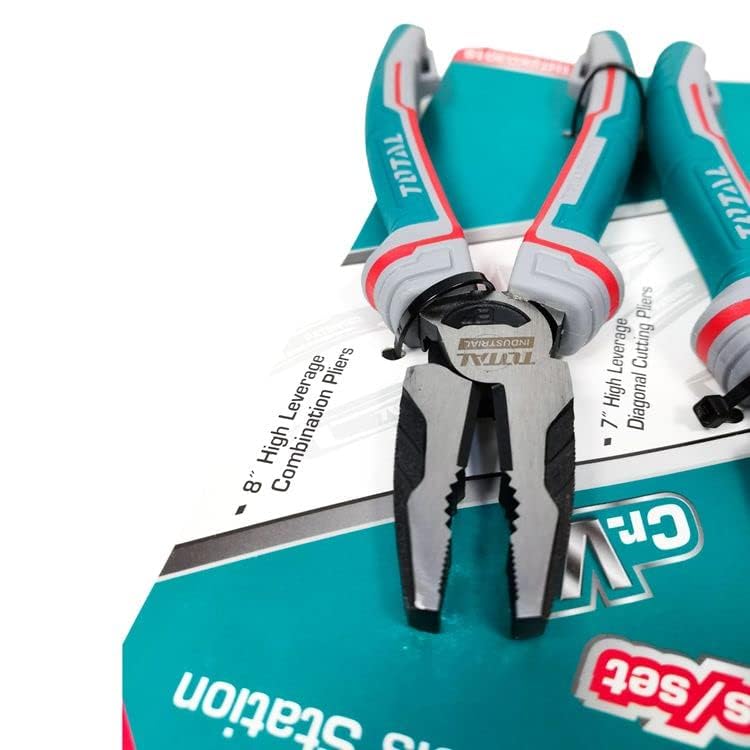 T 0TAL (THT2K0301S) - 3 pc High Leverage Plier set, 8" Combination Pliers/7" Diagonal Cutting Pliers/6"Long Nose Pliers, Heavy Duty Pliers Set -