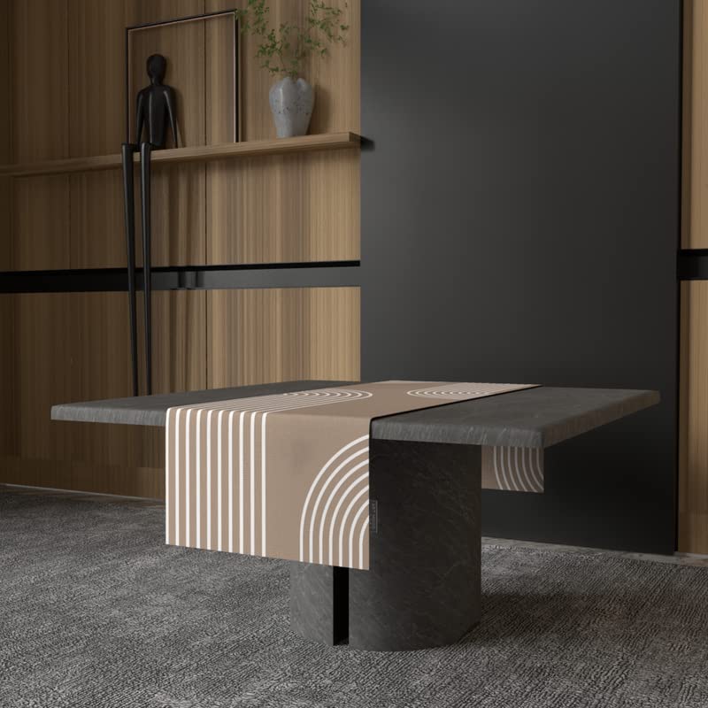 Lynn Canvas Table Runner in Beige & Blue, a 35x140 cm durable decorative centerpiece with a subtle and sophisticated modern pattern, perfect for a chic, minimalist, or contemporary table