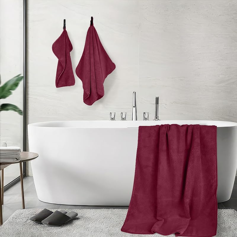 4-Piece Towel Set, 100% Cotton ? Includes 1 Bath Towel 140 cm x 70 cm, 1 Hand Towel 100 cm x 50 cm, 2 Washcloths 30 cm x 30 cm, Quick Dry, Super Soft, Highly Absorbent, No Fade, Burgendy
