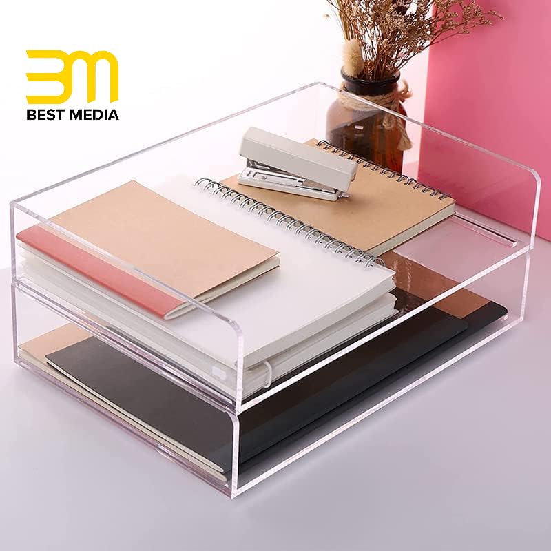 Set of 2 Stackable Acrylic File and Letter Trays, 2-Tier Clear Desktop File Organizer and Paper Holder for Documents, Books, and Magazines, Modern Office and School Supply Solution
