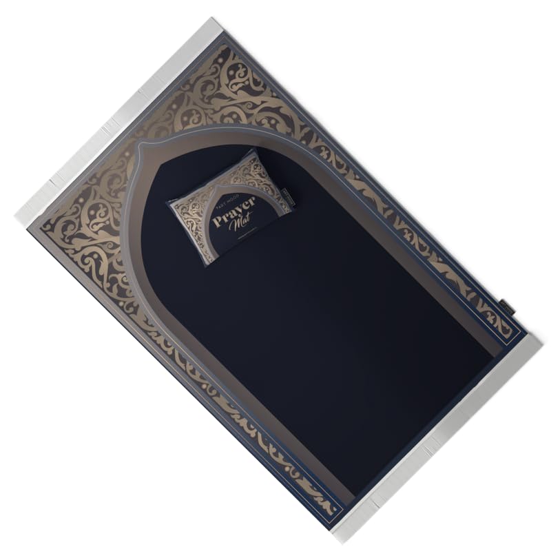 Al-Hedaya Velvet Prayer Mat, a Luxurious Islamic Rug in Blue & Beige from Soft Velvet Material, 68x117 cm, for Comfortable Prayer, Ideal for Home, Mosque, or as a Travel Janamaz