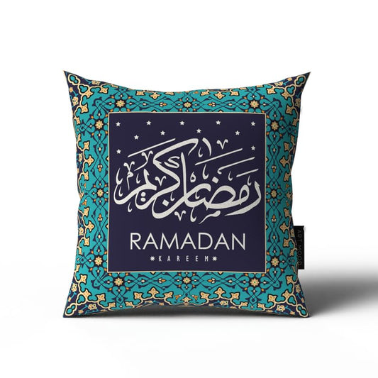 Rak5 Velvet Cushion Cover, a bold multicolor 40x40 cm decorative throw pillow with a dynamic Islamic geometric pattern, a stunning statement piece for modern Ramadan and Eid decor