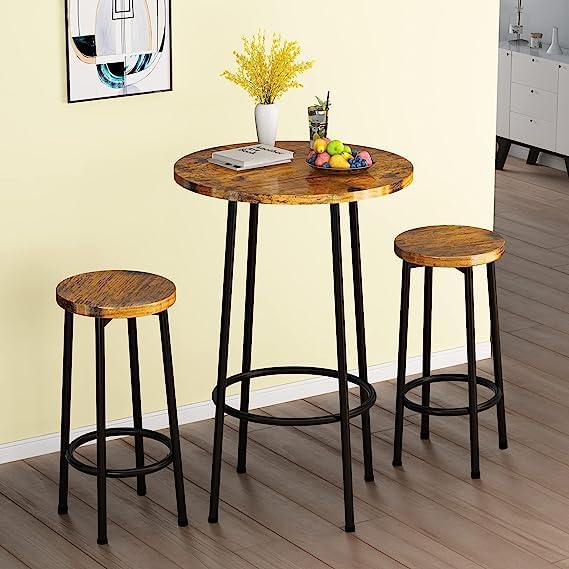 3 Piece Pub Table Set, Modern Round Bar Table with 2 Stools Set, Bistro Counter Height Table Dining Set of 2 for Small Space, Dining, Kitchen, Restaurant, Breakfast Nook - Rustic Brown