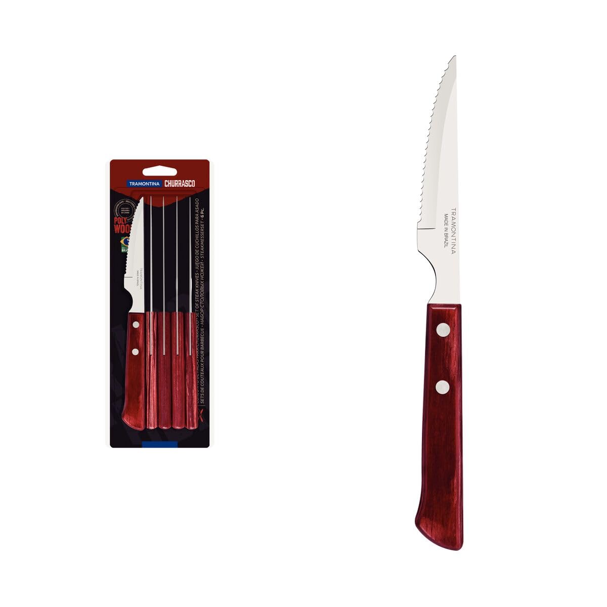 6-Piece Knife Set, Stainless-Steel Blades, Durable Treated Red Polywood Handles, Professional Kitchen Utensils for Cutting, Chopping, and Slicing