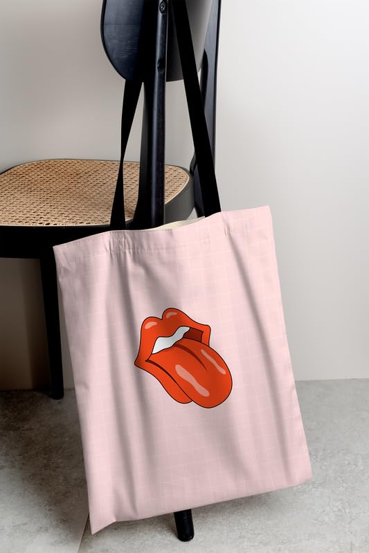 Canvas Tongue Tote Bag, a Durable and Reusable Shopping Bag in Pink & Red, 32x45 cm, a Fun and Quirky Carrier for Groceries, Books, Shopping, or Everyday Essentials