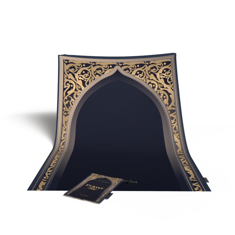 Al-Hedaya Waterproof Prayer Mat, a Durable Rug in Blue & Gold from Wipeable Material, 68x117 cm, for Comfortable Prayer, a Stylish Salah Mat for Outdoor, Indoor, and Travel Use