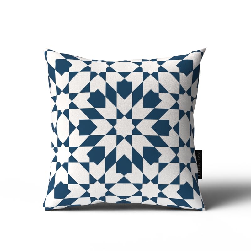 Topaz Velvet Cushion Cover in White & Blue, a luxurious 40x40 cm decorative throw pillow with an elegant pattern, perfect for adding a festive touch to your Ramadan or Eid home decor