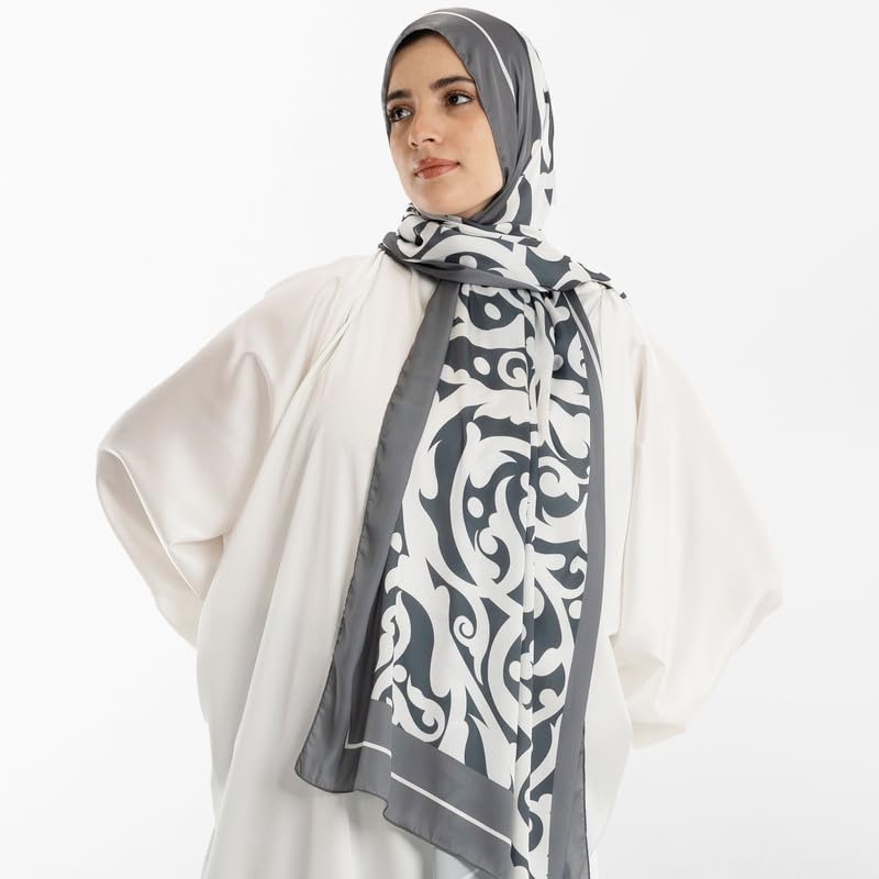 Isdal Al-Hedaya Women's Prayer Dress, a One-Piece Garment in Grey & White made of Soft Satin for Full Modest Coverage, One Size Fits All, a Chic and Comfortable Abaya for Muslim Women