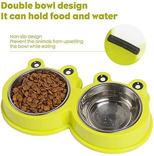 NA/ Double Dog Cat Bowls Premium Stainless Steel Pet Bowls with No-Slip Stainless Steel Cute Modeling Pet Food Water for Feeder Dogs Cats Rabbit and Pets (Green)