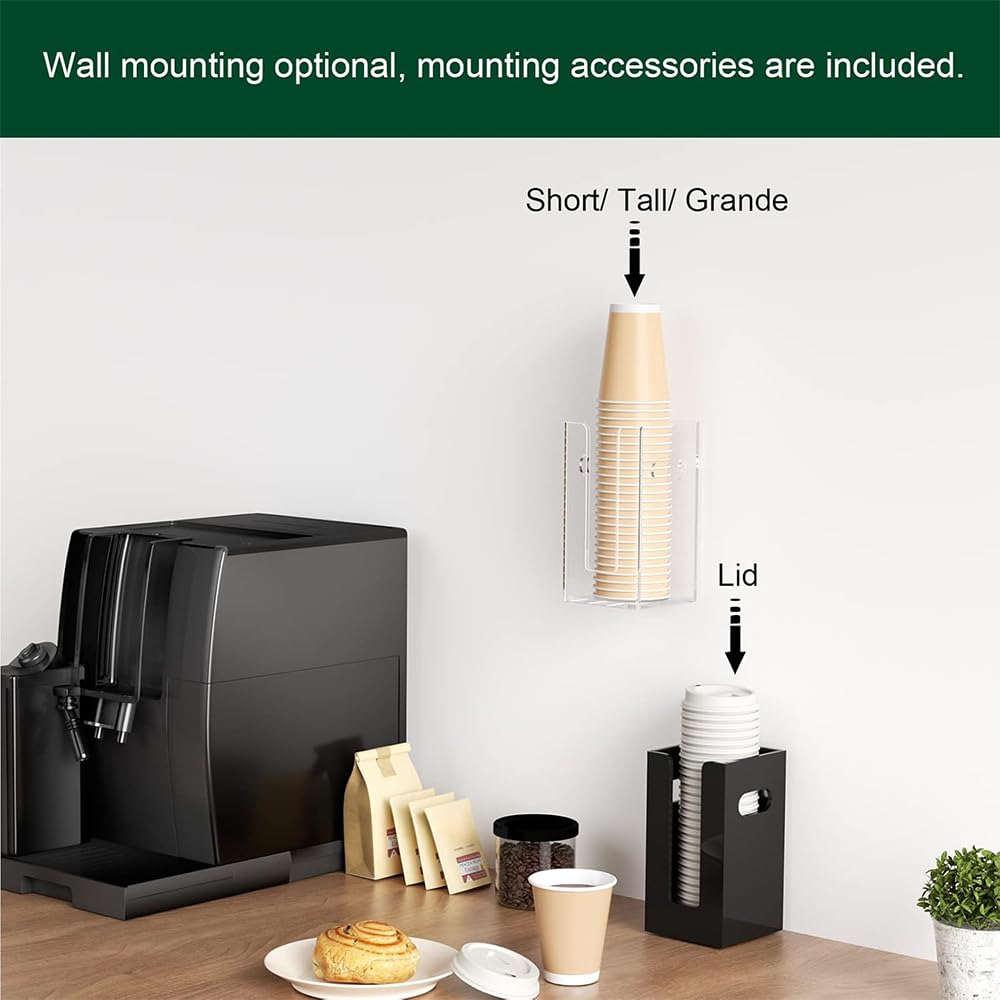 Clear Acrylic Coffee Cup Dispenser with Handles, Compartment Countertop or Wall Mounted Organizer for Hot and Cold Drink Cups and Lids