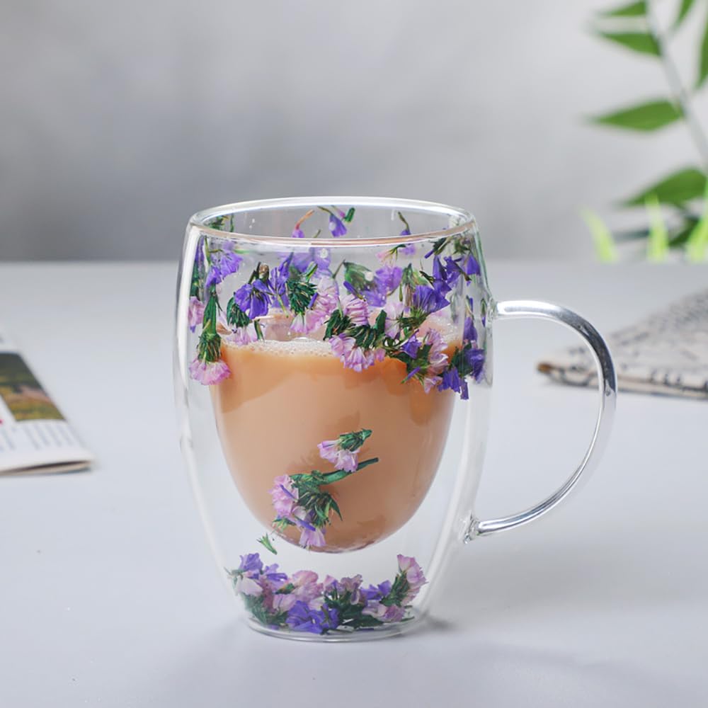 Dried Flower Double Wall Glass Cup, Aesthetic Flowers Coffee Mugs, Cute Insulated Tea Cups with Handle Heat Resistant for Women, Ideal Gifts for Birthday Mother's Day - Perfect for Wife Mom Friend (C)
