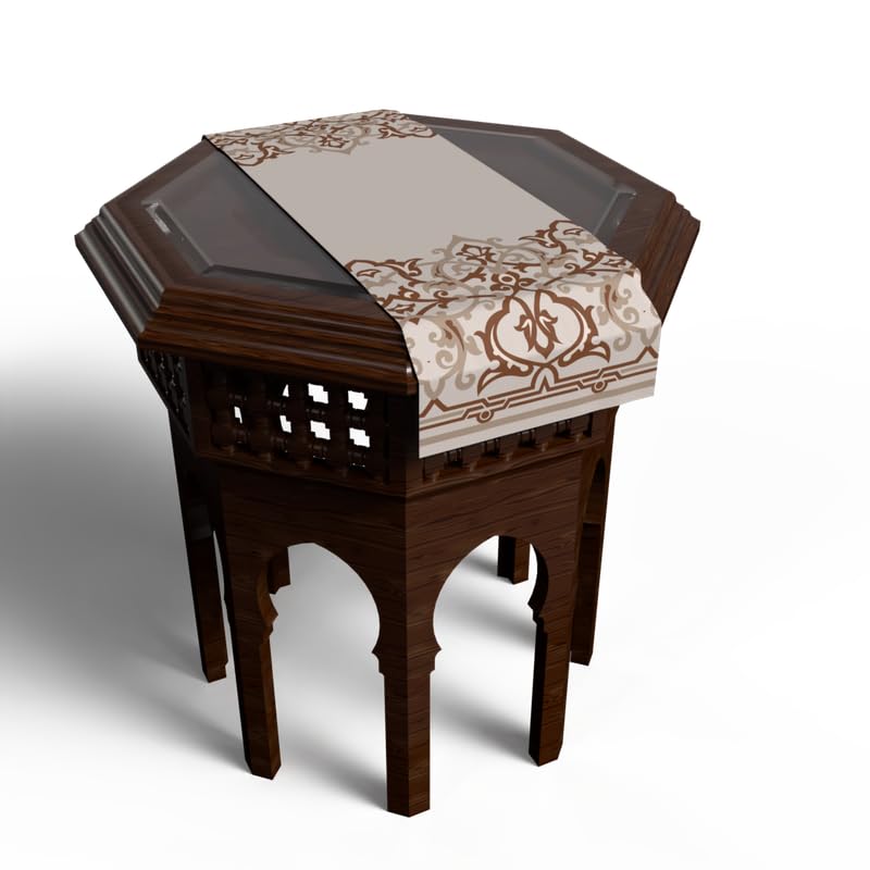 Ramadan's Unique Atlas Velvet Runner in White & Beige, 35x140 cm, a Decorative Centerpiece with a Globally-Inspired Islamic Pattern, adding Worldly Elegance to your Ramadan Decor