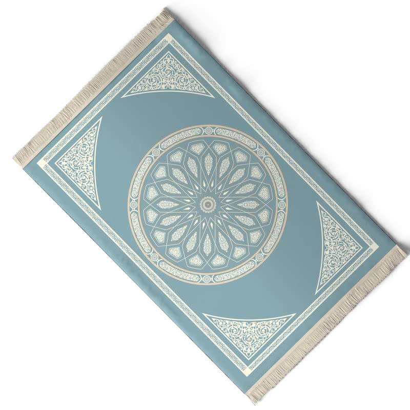 Velvet Prayer Mat in a serene Blue, 68x117 cm, a luxurious Islamic rug with a beautiful dome design, crafted from soft velvet for a comfortable and focused prayer experience