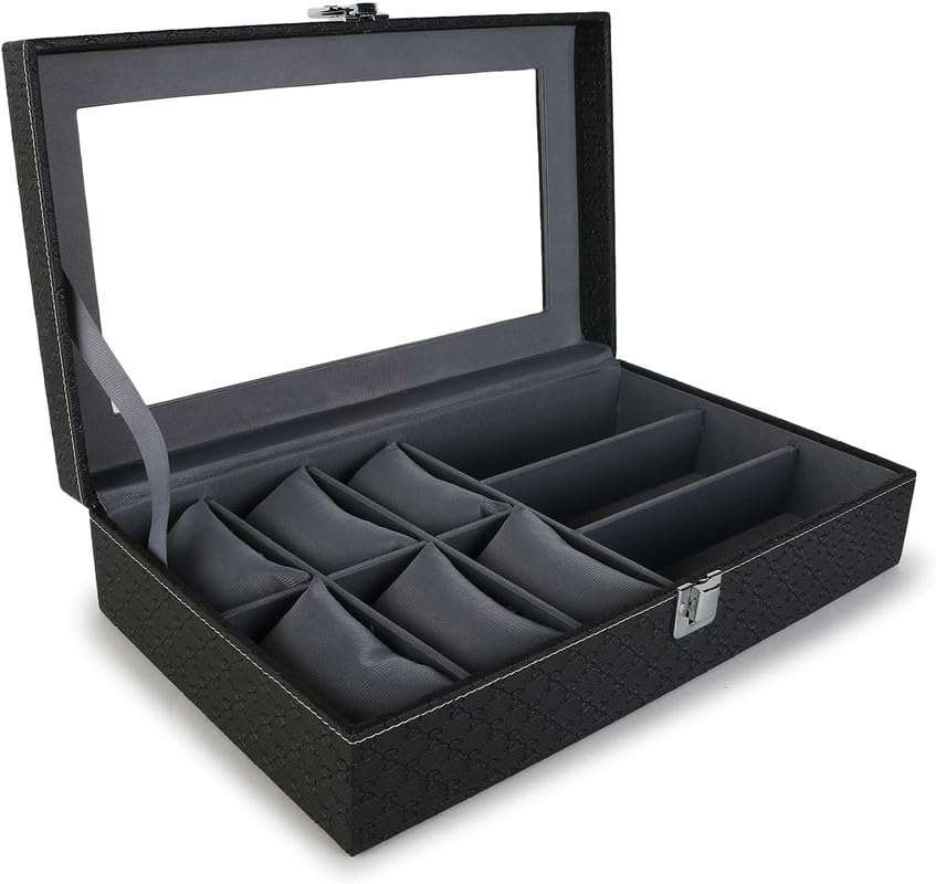 Watch Box and Sunglass Case Organizer, 6 Watch Slots, 3 Sunglass Compartments, Elegant Black and Gray Design, Premium Leather Look, Perfect Gift for Men and Women