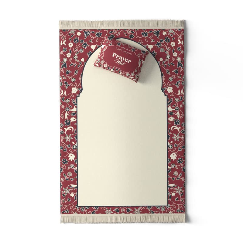 Velvet Prayer Mat in Beige and Red, 68x117 cm, a luxurious Islamic rug with elegant details and a mosque garden design, crafted from soft velvet for comfortable prayers