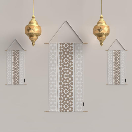 Ramadan's Unique Oasis Velvet Fabric Posters Set, a Wall Art Decor Kit for Festive Home Decor, Beige & White, a Beautiful Islamic Design for Living Room or Bedroom during Ramadan