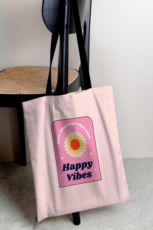 Canvas Happy Vibes Tote Bag, a Durable and Reusable Shopping Bag in Pink, 32x45 cm, a Cheerful and Stylish Carrier for Groceries, Books, Beach Trips, or Everyday Essentials