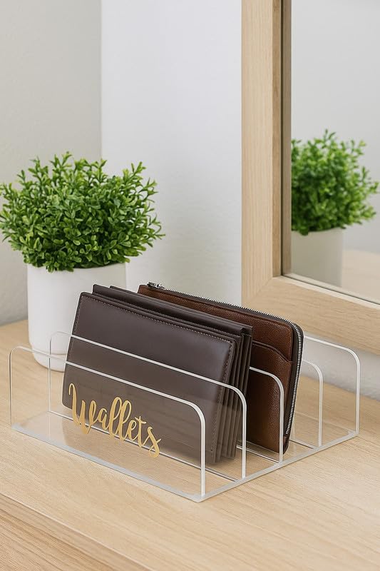 5-Section Acrylic Wallet Holder with Brass "Wallets" Label, Premium Clear Clutch and Purse Organizer for Closet Storage, Modern Desktop and Retail Display Rack