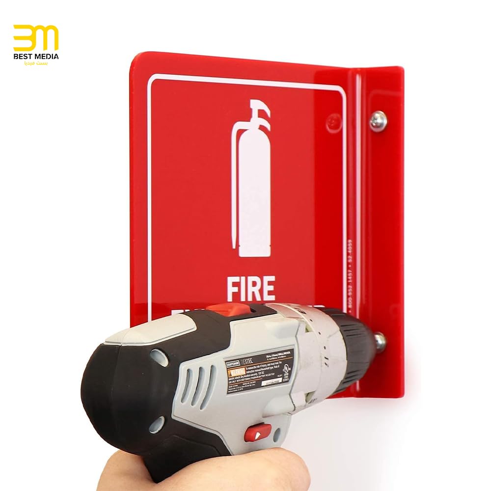 Projecting Fire Extinguisher Sign, 15 x 15 cm Polished Acrylic Wall Sign with Down Arrow, Double-Sided Safety Display for Emergency Visibility in Buildings, Offices or Warehouses - Red