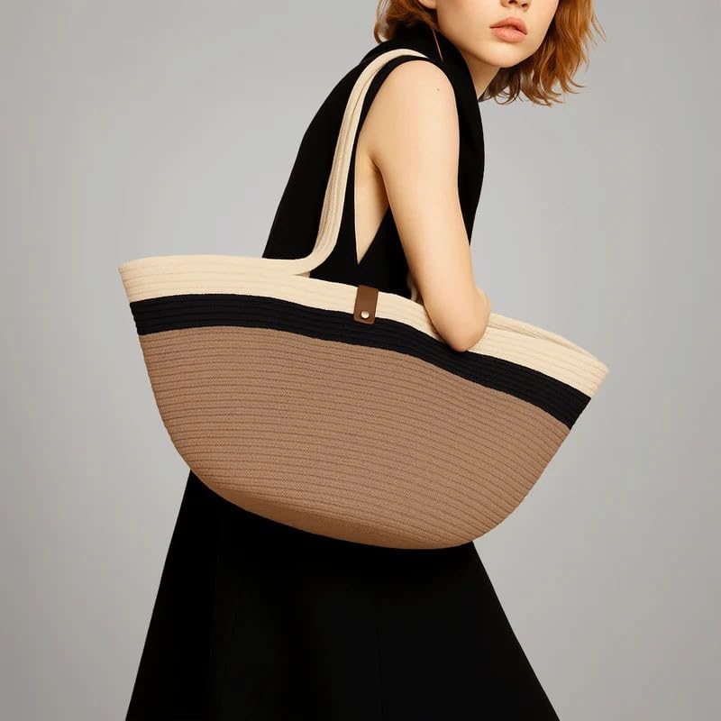 Cotton Rope Bag, 65×32 cm Woven Tote with Soft Handles, Eco-Friendly Textured Shoulder Bag for Beach Market Daily Use, Spacious Handcrafted Carryall for Women