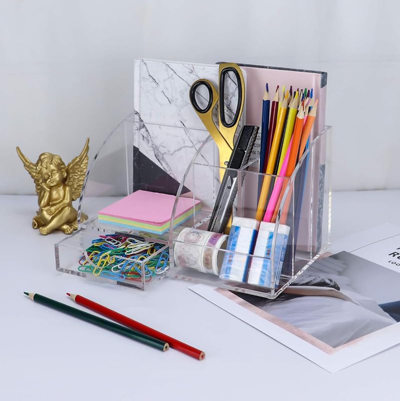 All-in-One Clear Acrylic Office Desk Organizer with Drawer, Multifunctional Makeup Holder and Stationery Caddy with Multiple Compartments for Home and School Supplies