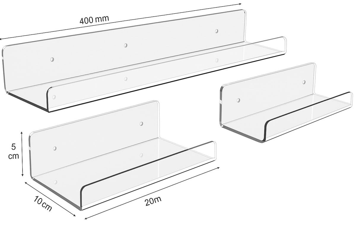 3 Pack Clear Acrylic Floating Shelves for Wall – 39 cm Modern Wall-Mounted Ledge for Books, Photos, and Spices, Invisible Display and Storage Rack for Home and Office