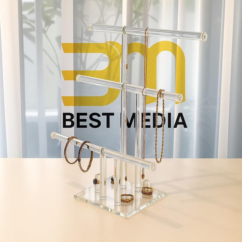 1-Piece 3-Tier Clear Acrylic Jewelry Display Stand with Ring Holders, 25 x 16 x 38 cm Necklace Bracelet Bangle Organizer for Store, Tradeshow, and Home Décor