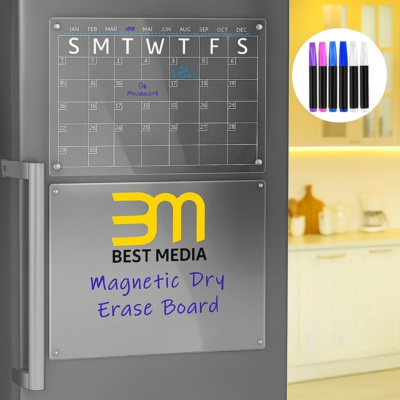 Acrylic Magnetic Dry Erase Board and Calendar Set, Clear Fridge Organizer with Markers and Pen Holder, 40 x 30 cm, For Planning Notes and Schedules, Set of 2