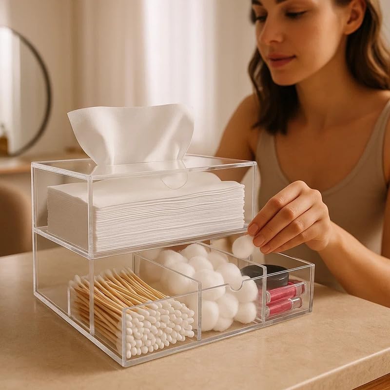 2-Tier Acrylic Tissue and Cosmetic Organizer Box, 23.5 x 12.7 x 16 cm, Multipurpose Storage with Tissue Compartment and 3 Drawers for Makeup, Cotton Pads, Jewelry and Desk Essentials