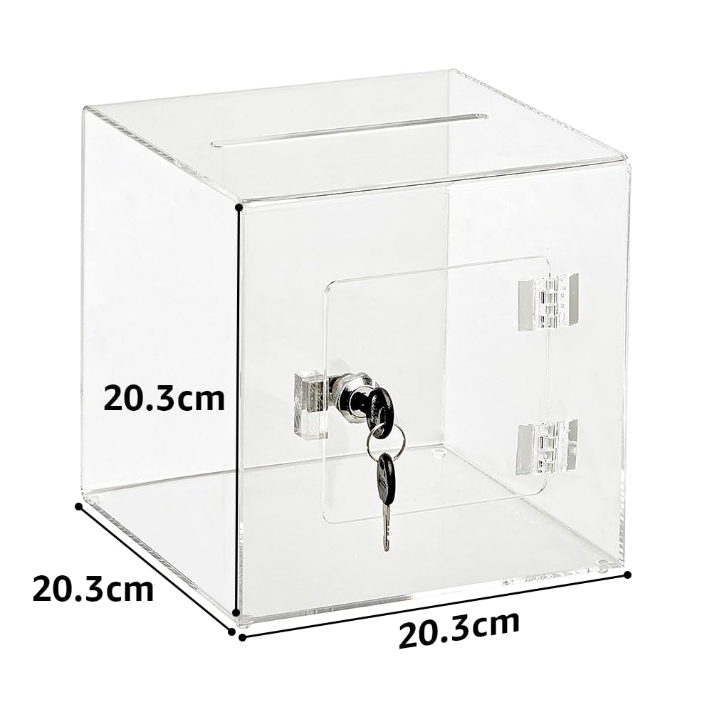 Clear Acrylic Donation and Suggestion Box with Lock and Rear Door, 20 x 20 cm, Slot for Voting, Charity Fundraising, Tips and Feedback Collection
