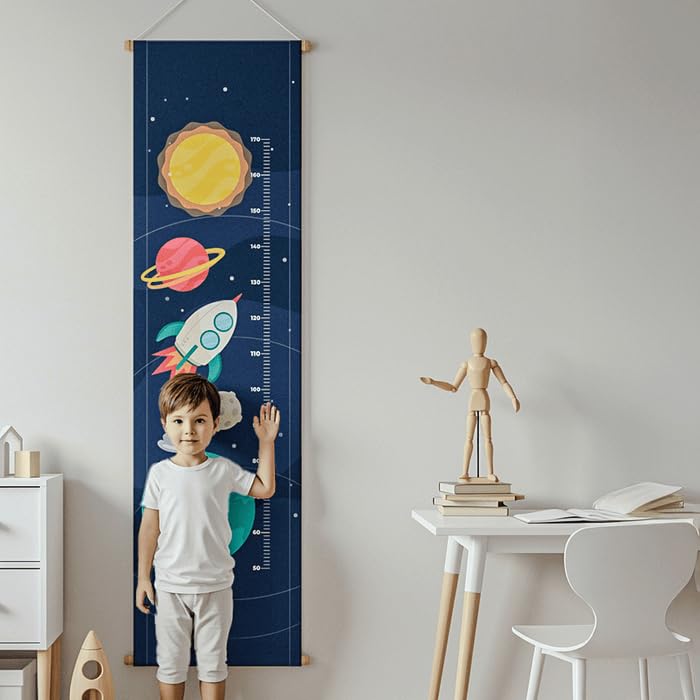 Fabric Posters For Kids – Height Measurement Wall Hanging with Wooden Frame – Bohemian Nursery Room Decor for Boys & Girls – Canvas Ruler Chart
