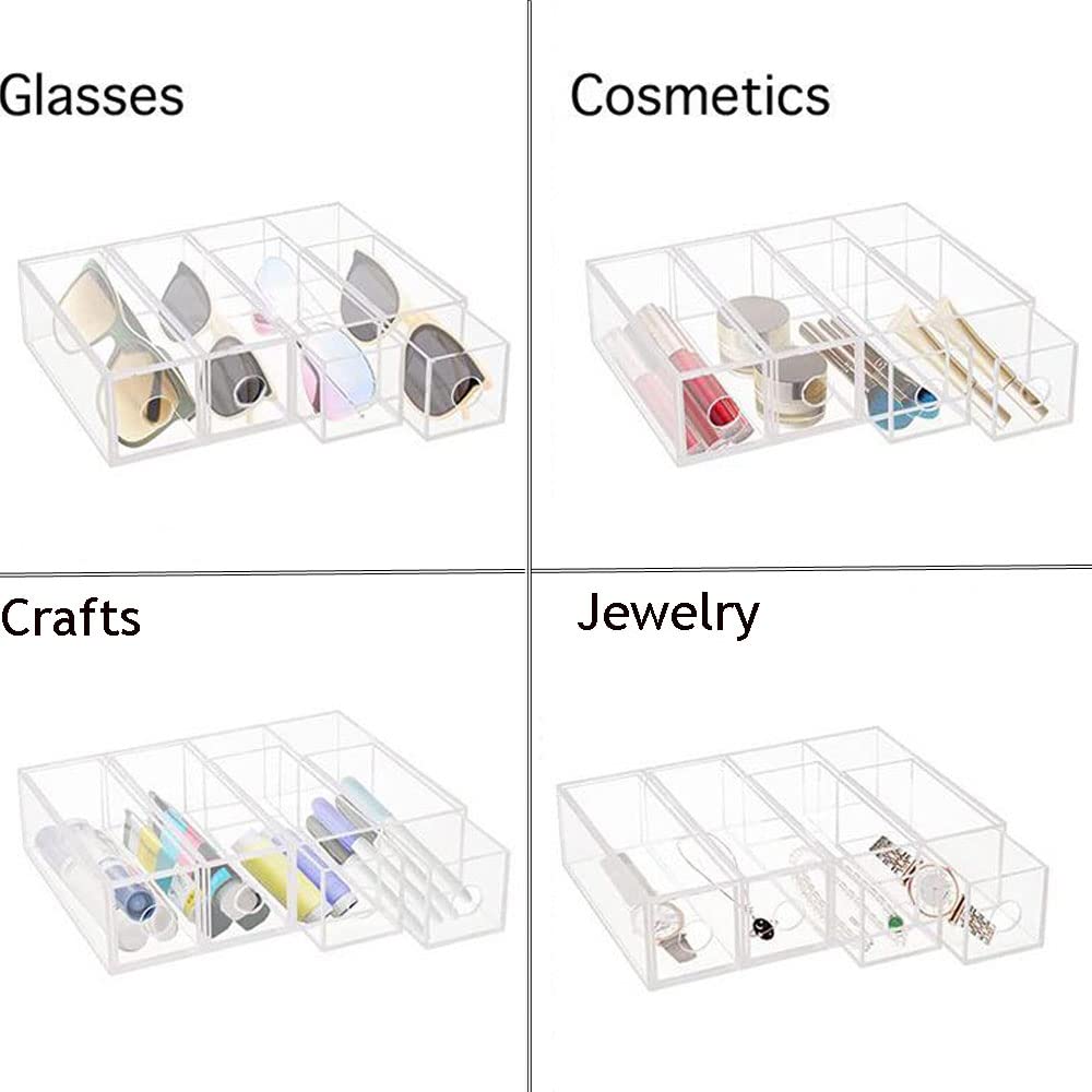 Acrylic Sunglasses Organizer with 4-Lid Drawer Storage, Clear Rectangular Box for Eyewear, Cosmetics, or Accessories, Suitable for Bathroom, Desk, Countertop, Office, and Dorm Use, Clear