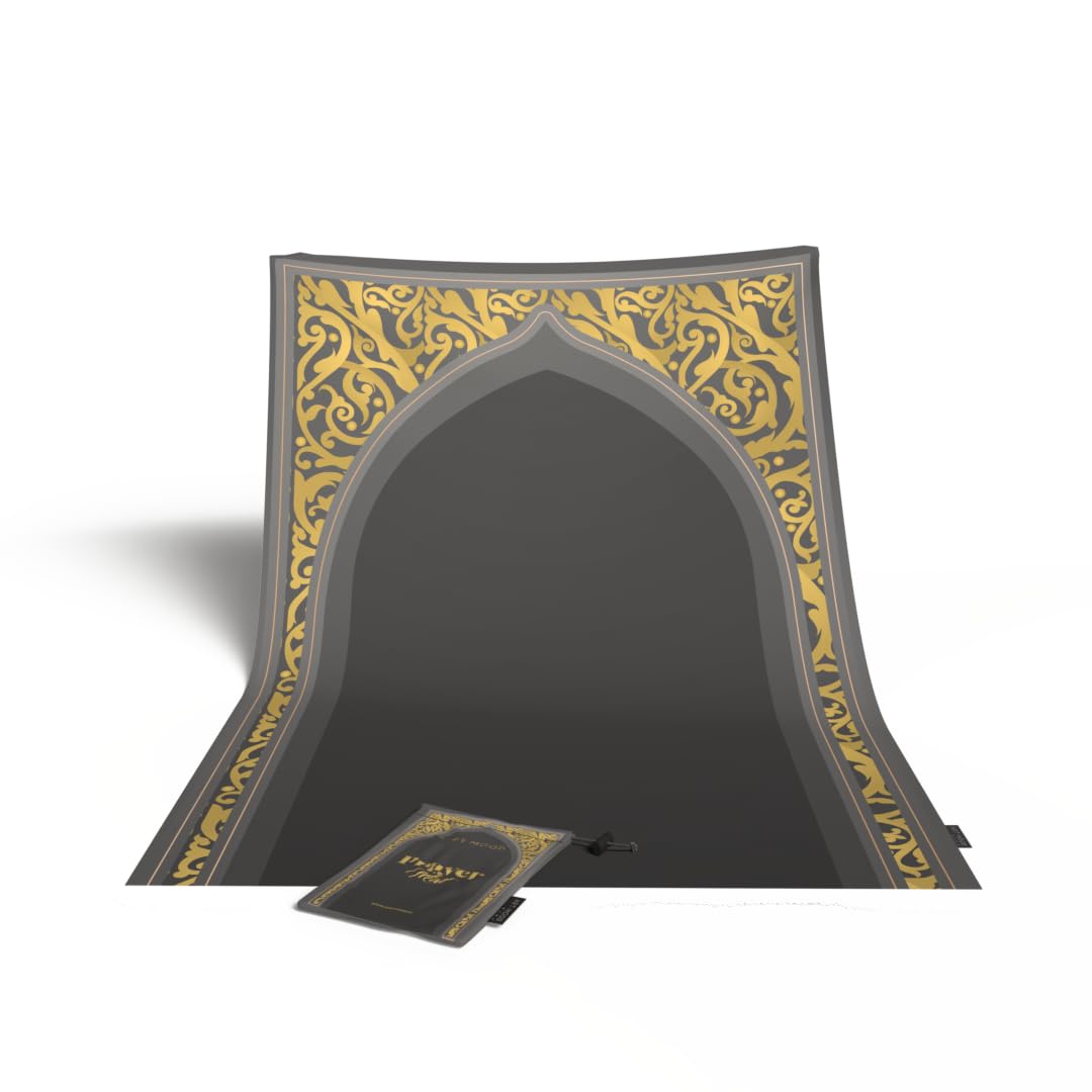 Waterproof Prayer Mat in Grey and Gold, 68x117 cm, a durable and practical rug with a stylish design, easy to clean and perfect for travel, outdoor use, or daily prayers anywhere