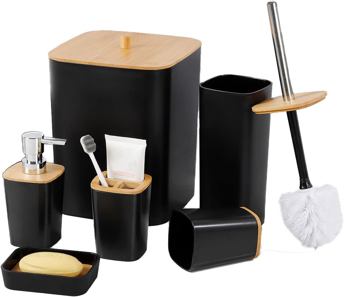 6-Piece Bamboo Bathroom Accessories Set – Bathroom Set with Trash Can, Toothbrush Holder, Soap Dish, Soap Dispenser & Cup – Stylish & Durable for Home Décor