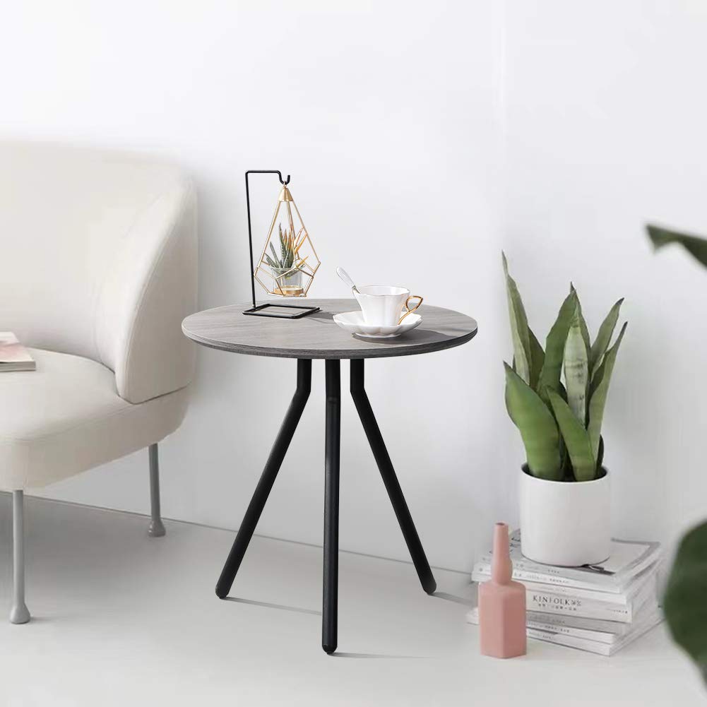 Retro Wood Side End Table for Sofa Small Round Modern Coffee Table 50cm with Black Metal Legs for Living Room, Grey