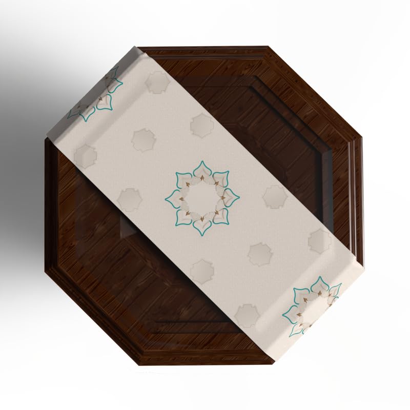 Ramadan's Unique Dorra Velvet Runner in White & Beige, 35x140 cm, a Beautiful Decorative Centerpiece with a Jewel-like Islamic Pattern, perfect for adding Elegance to Ramadan Decor