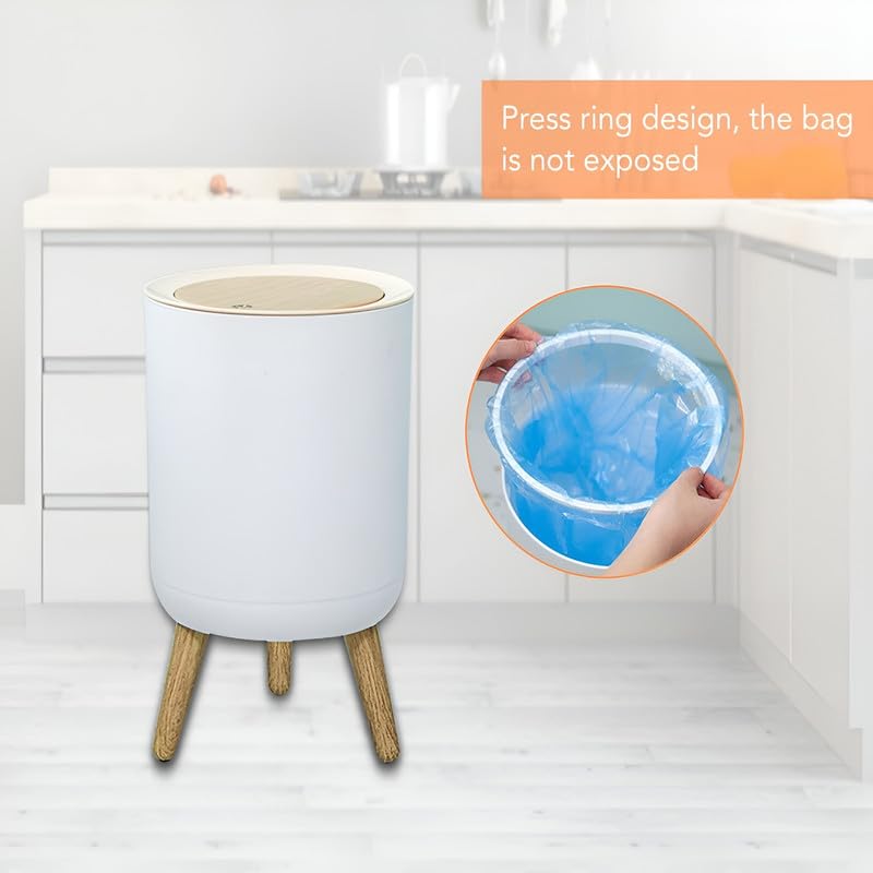 Trash Can with Press Top Lid - Nordic Modern Garbage Bin for Kitchen, Bathroom, Bedroom, Office, Outdoor - Dog Proof Waste Basket, 1.8 Gallon/7L Plastic Trash Bin