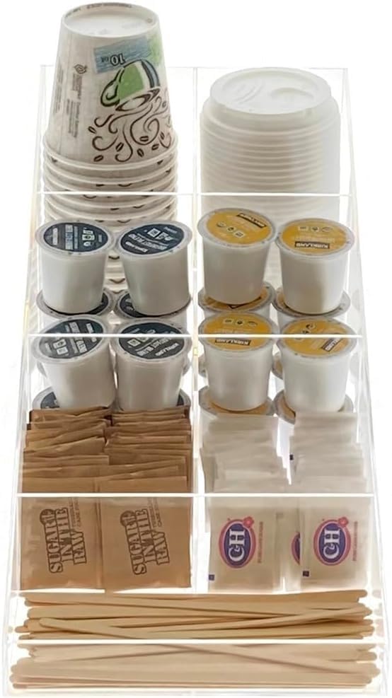 Acrylic Coffee Station Organizer, Clear Breakroom and Kitchen Storage for Cups Lids Sugar Tea Stirrers, 7 Compartments, 37.3 x 20.5 x 19.8 cm, Polished Edges Transparent Design