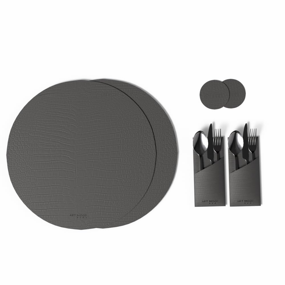 Leather Placemat Set with Coasters And Holders - Faux Leather Dining Table Protection - Heat And Scratch Resistant