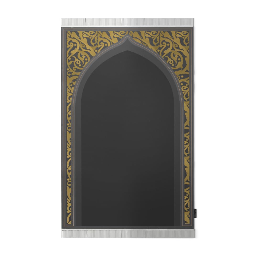 Velvet Prayer Mat in Grey and Gold, 68x117 cm, a luxurious and soft rug with an elegant design, perfect for creating a comfortable and sophisticated prayer space at home or on the go