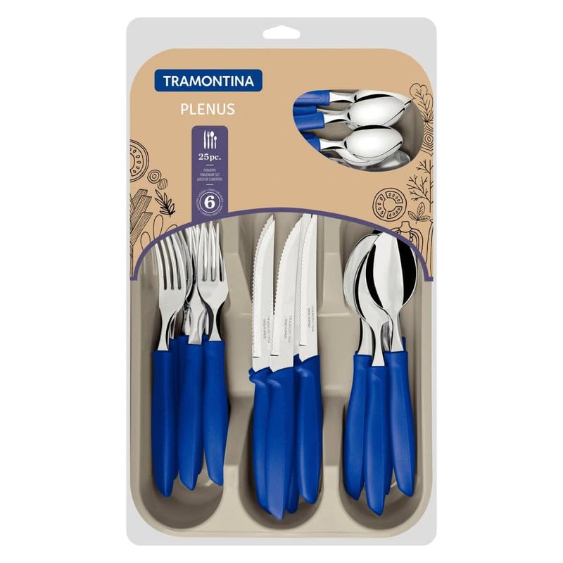 Plenus 25-Piece Cutlery Set with Blue Handles - Complete Set of Stainless Steel Knives, Forks, and Spoons for Everyday Dining and Entertaining - Designed for High Performance and