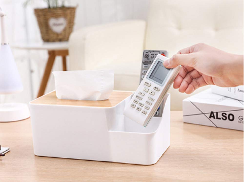 حامل مناديل متعدد الوظائف - علبة مناديل مستطيلة بغطاء خشبي، منظم سطح مكتب للهواتف والأجهزة اللوحية وجهاز التحكم عن بعد والأقلام ومستحضرات التجميل، مثالي للمنزل والمكتب - أبيض