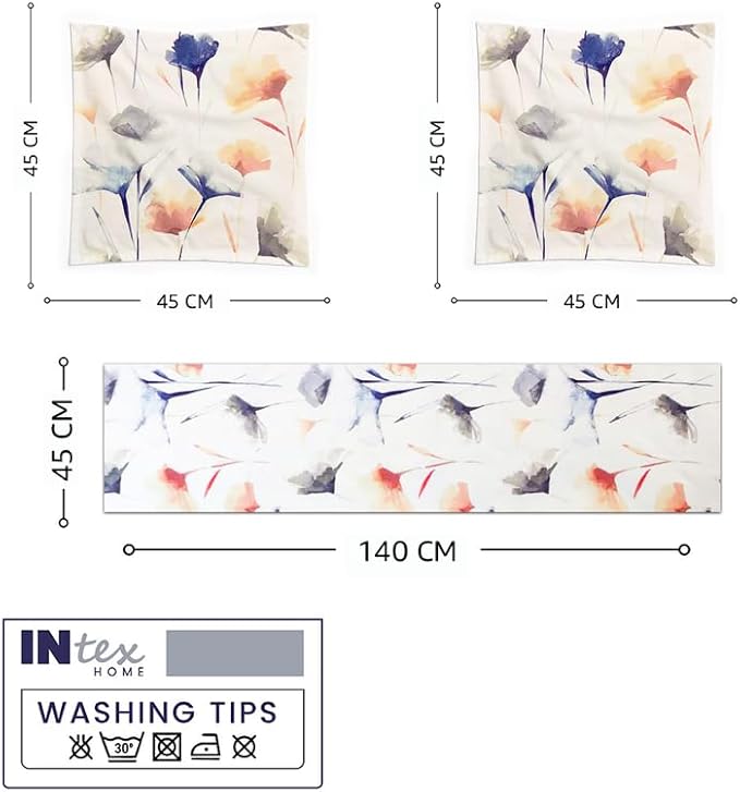 Table Runner and Cushion Covers Set, Sou Floral Pattern, Premium Linen Velvet, 1 Runner 45×140 CM Straight End and 2 Cushions 45×45 CM, Wrinkle-Resistant Fabric for Living Room or Bedroom