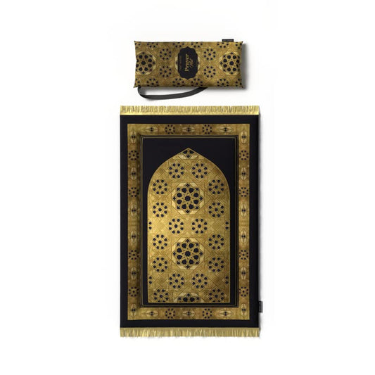 سجادة صلاة مبطنة للأطفال من المخمل الأنيق باللونين الذهبي والأسود، 57×95 سم، سجادة ناعمة ومريحة تساعد على خلق روتين صلاة إيجابي ومريح لأطفالك الصغار.
