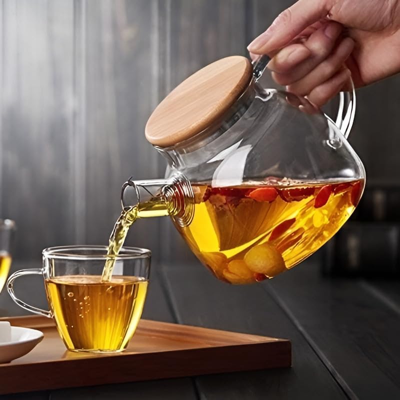 Glass Teapot with Infuser - 1000ML Borosilicate Teapot with Stainless Steel Strainer and Bamboo Lid, Stovetop Safe, Comfortable Handle, Ideal for Loose Leaf Tea And Fruit Tea