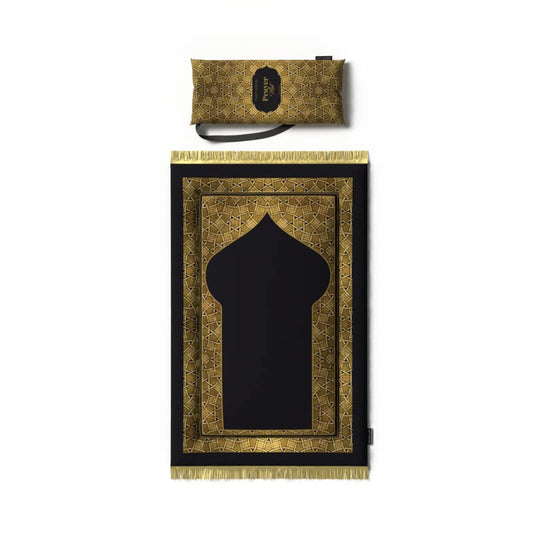 سجادة صلاة مبطنة للأطفال من المخمل الذهبي والأسود، 57×95 سم، سجادة ناعمة مصممة لتكون مساحة مريحة وجذابة للأطفال لتعلم وأداء صلواتهم اليومية